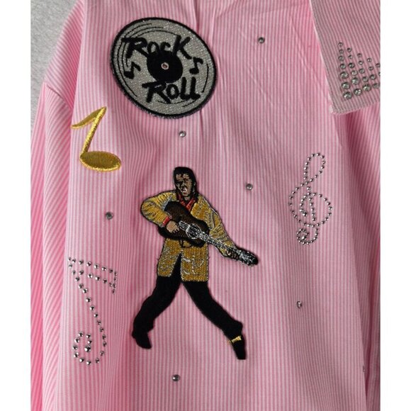 Rock N Roll Women's Shirt 50's Elvis Pink White Stripe XL Button-Up Long Sleeve - Picture 16 of 16
